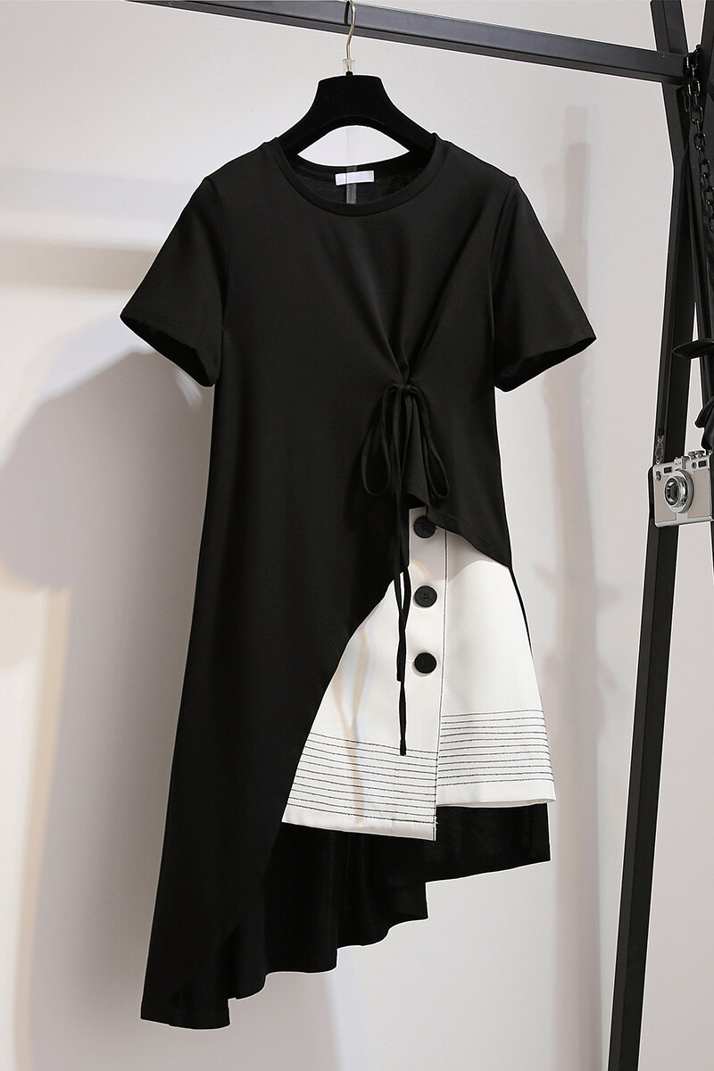 Good Goods Discount Store Shopping Mall Withdraw Cabinet Large Size Women's Summer Dress Thick Waist Belly Covering Women's Fat Hiding Dress Western Style Short Dress