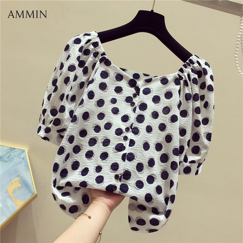 AMMIN Tops 2021 new Korean style boat neck polka dot print puff sleeve chiffon shirt short sleeve women's summer button embellishment short sleeve loose short style elegant temperament blouse