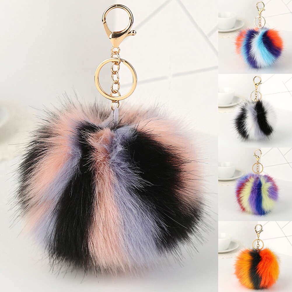 Colorful Faux Fur Pompom Pendant Keychain Key Ring Women Car Handbag Ornament