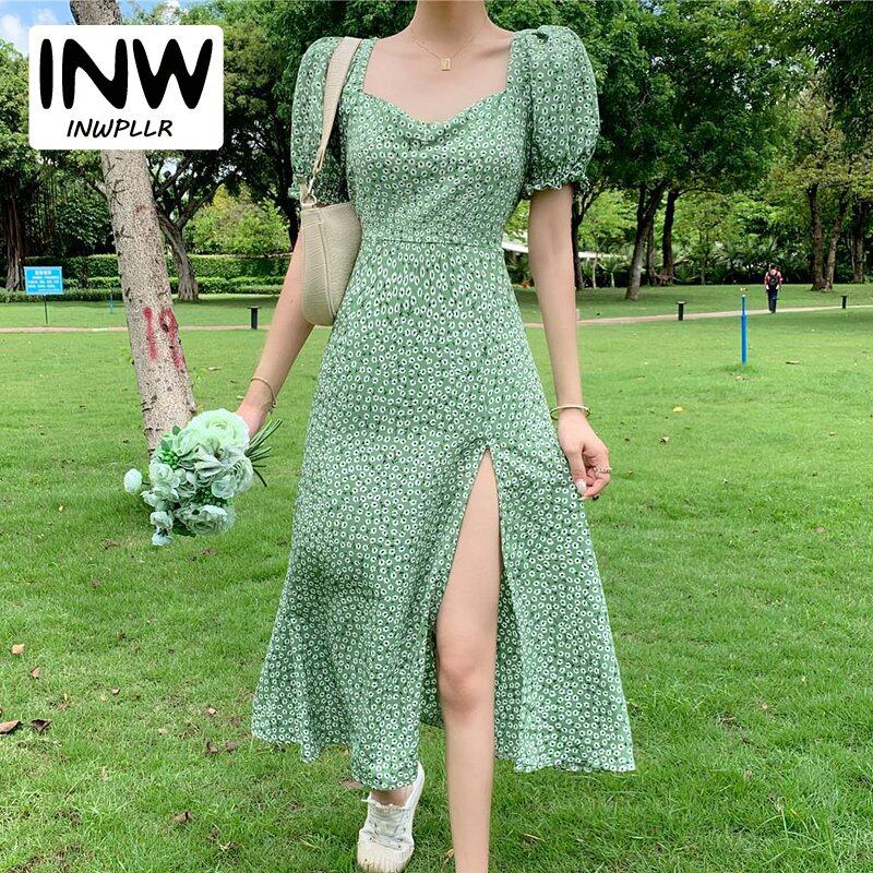 INWPLLR New Arrival Women Dress Green Floral Dress Fashion Casual Bubble Sleeve Dresses Summer Korean Version Square Collar Split Dress