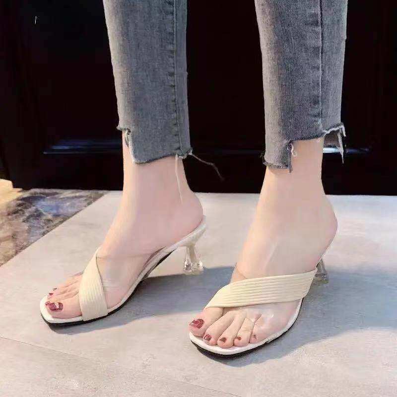 Korean sandals open toe color block thick heel versatile slippers