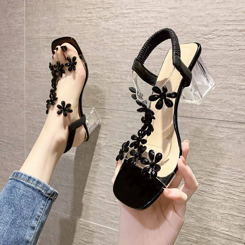 Fashion Bazaars Women Sandals Plus Size Korean Style Lady Fashion Floral Chunky Heel Middle Heels Summer Outdoor Casual Female Sandals