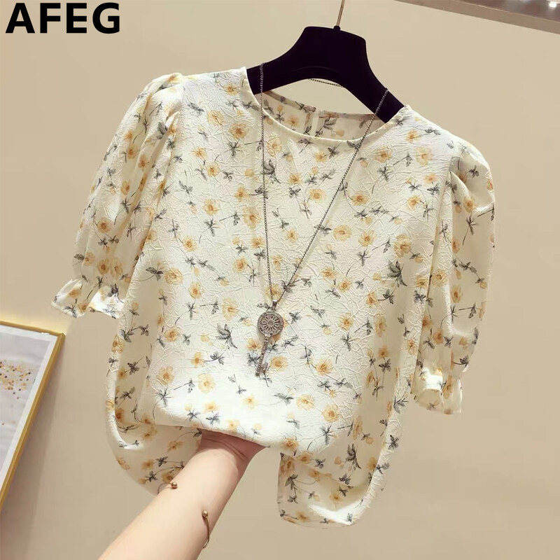 AFEG Korean round neck fashion loose wild floral chiffon short sleeve blouse for women