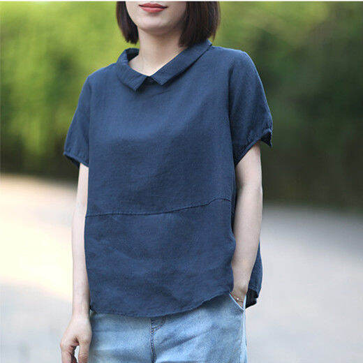 2021 Summer New Artistic Casual Korean Style Loose Casual Large Size Imitation Cotton and Linen Short Sleeve Stitching Lapel Shirt for Women