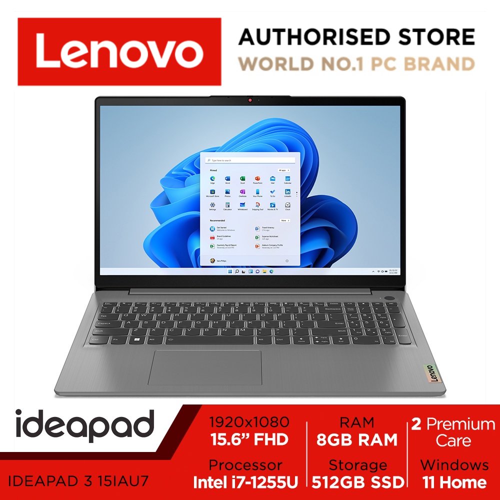 Lenovo IdeaPad 3 15IAU7 | 82RK006USB | 15.6" FHD (1920x1080) | Intel Core i7-1255U | Intel Iris Xe Graphics | 8GB DDR4 | 512GB SSD | Win11 Home | 2Y Premium Care