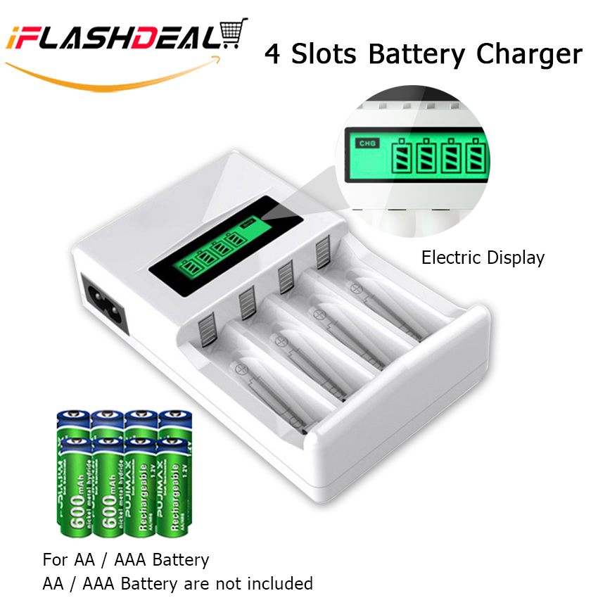 iFlashDeal Electric Battery Charger 4 Slots Intelligent LED Indicator USB Charger Home For AA/AAA Ni-MH/Ni-Cd Battery Charger Fast Intelligent 4 Slots LCD Battery Charger With USB Cable Portable Fast 