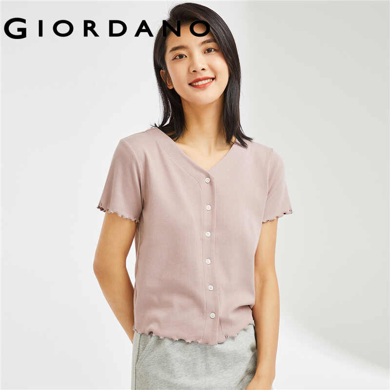 GIORDANO Women T-Shirts V-Neck Stringy Selvedge Design Casual T-Shirts Short Sleeve Button Closure Relaxed T-Shirts 13322208