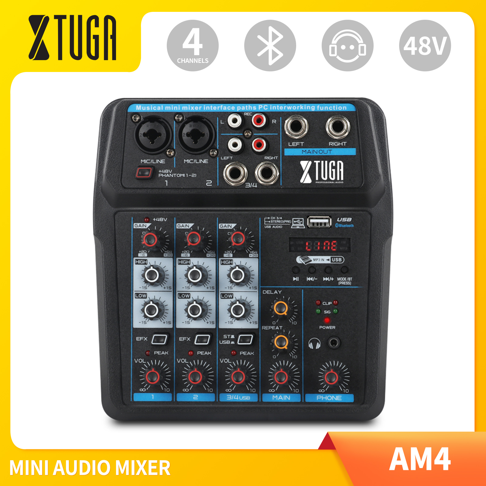 XTUGA AM4 Audio Mixer Mixing Console 4 Channels Mini Musical Mixer Multifunctional Audio Interface Built-in Sound Card, Bluetooth, USB, 48V Phantom Power for PC Recording, Music Creation, Singing, Web