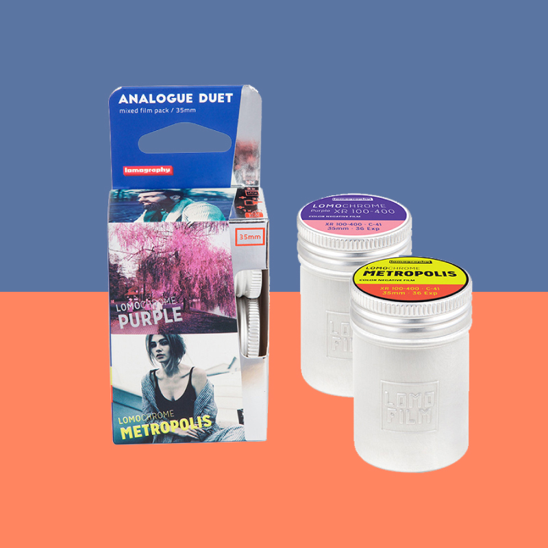 [New]Analogue Duet Mix Film Package 35mm with Tin Can - Lomography Special Film Collection Lomochrome Purple Lomochrome Metropolis