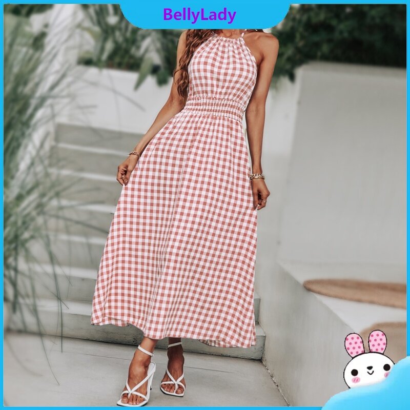 Women Summer Dress Sleeveless Waist-in Suspender Long Skirt Stylish Plaid Printing Dress
