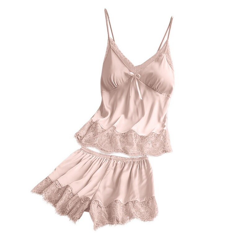 CALOFE 2Pcs/Set Women Pajamas Set Lingerie Women Satin Sexy Bowknot Lace Lingerie Babydoll V-neck Underwear Nightwear Sleeping Wear