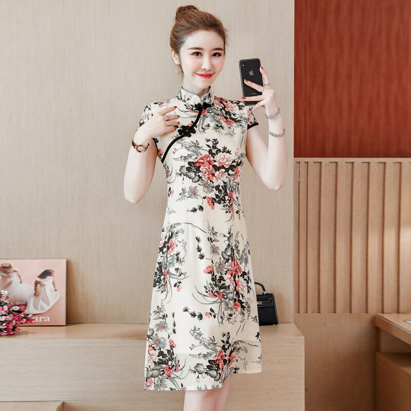 2022 Summer New Large Size Women's Clothing Young Style Mid-Length Slim Slimming Chinese Style Daily Cheongsam Dress