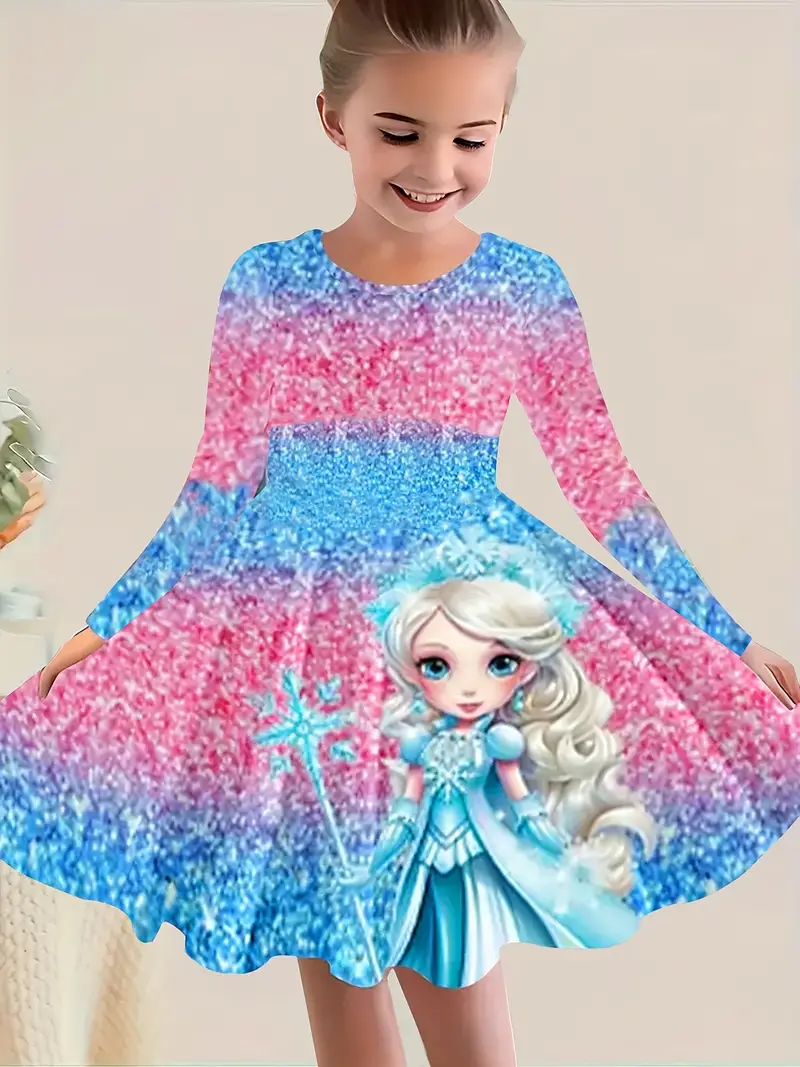 Girls' Casual Princess Print Midi Dress with Long Sleeves