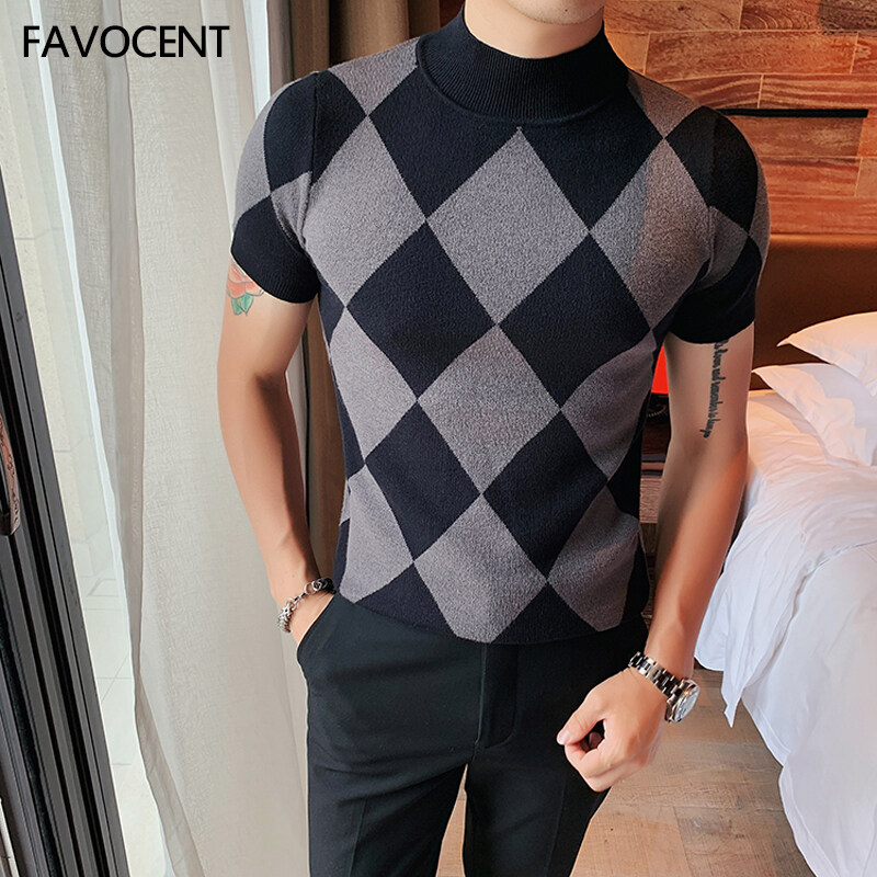 FAVOCENT Men Slim Half Turtleneck Sweater Autumn Winter Short Sleeve Plaid Knit T-Shirt