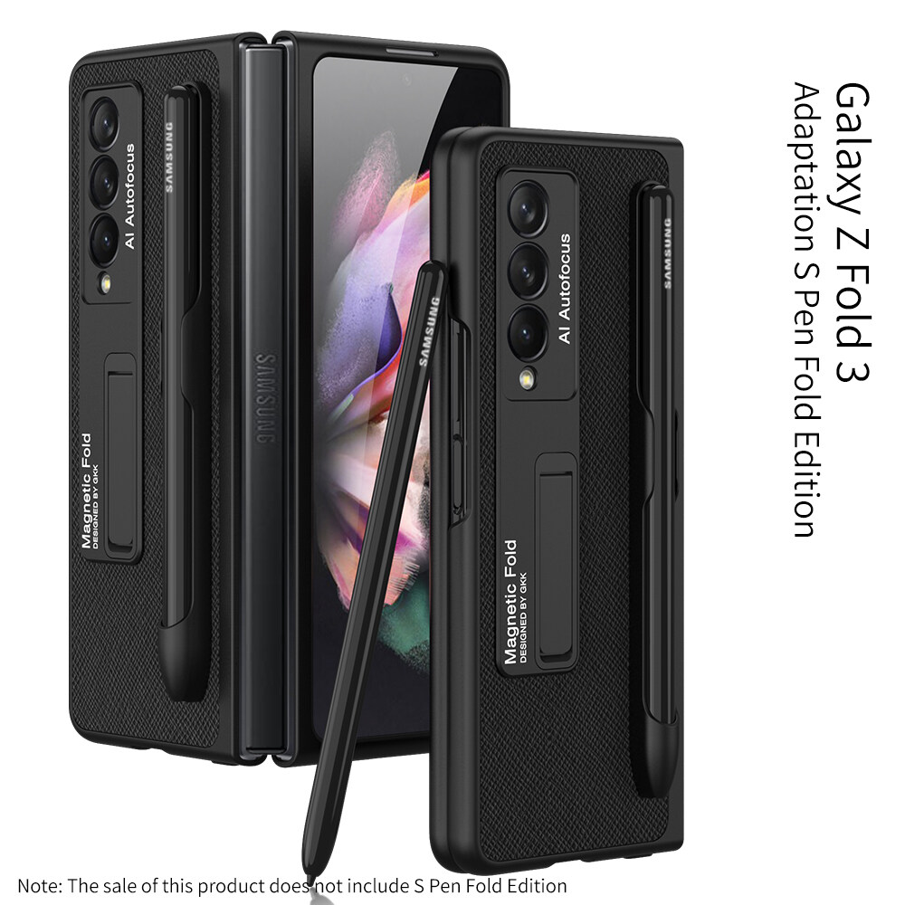 KISSCASE With S Pen Slot Case For Galaxy Z Fold 3 5G Case With Holder Stand Case Ultra-thin Plain PU Leather Holder Case With Pen Slot Case For Samsung Galaxy Z Fold 3 5G