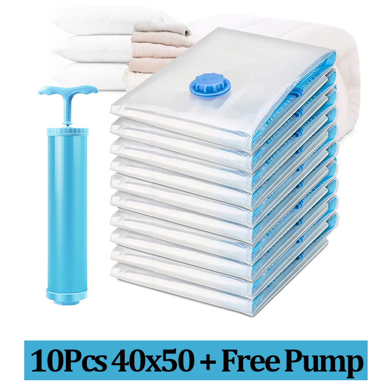 [FREE PUMP] 10Pcs Set Vacuum Storage Bag Travel Compression Bags 40X50/70X100 Large Sealer Packing Compression Bags/ Reusable Travel Vaccum Bag Compression Bag