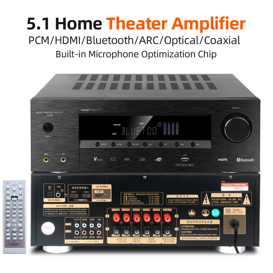 5.1 Home Theater System Power Amplifier Support Microphone Input  HDMI Bluetooth Optical Coaxial TV ARC, USB Lossless Music Flac/Ape
