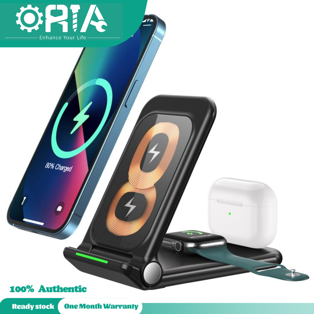 Wireless charger ORIA 3 in 1 Wireless Charger Station 15W Fast Wireless Charging Stand for iPhone Samsung Apple Watch iWatch AirPods  (Foldable)