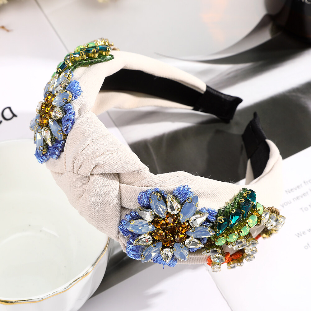 1Pc Korean Fashion Headband Embroidered Flowers with Diamonds and Knots Hair Band Hair Accessories