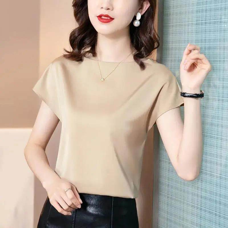 EDQRDQ Women's Short Sleeve Satin Plus Size Blouse Casual Loose Silk Tops Shirt Loose Fit Top