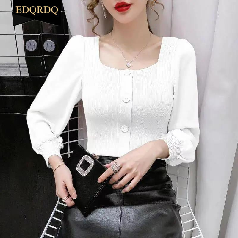 EDQRDQ Women's Puff Long Sleeve Contrast Mesh Square Neck Pullover Blouse Top