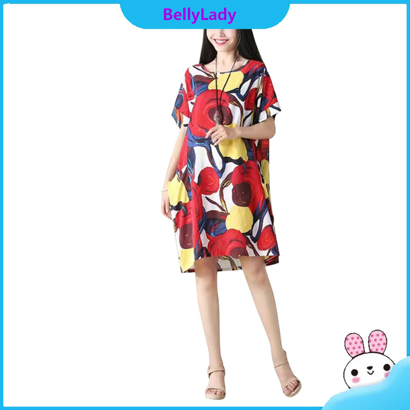 Women Dress Ice Silk Abstract Pattern Print Round Collar Short-sleeved Loose Mid-length Skirt