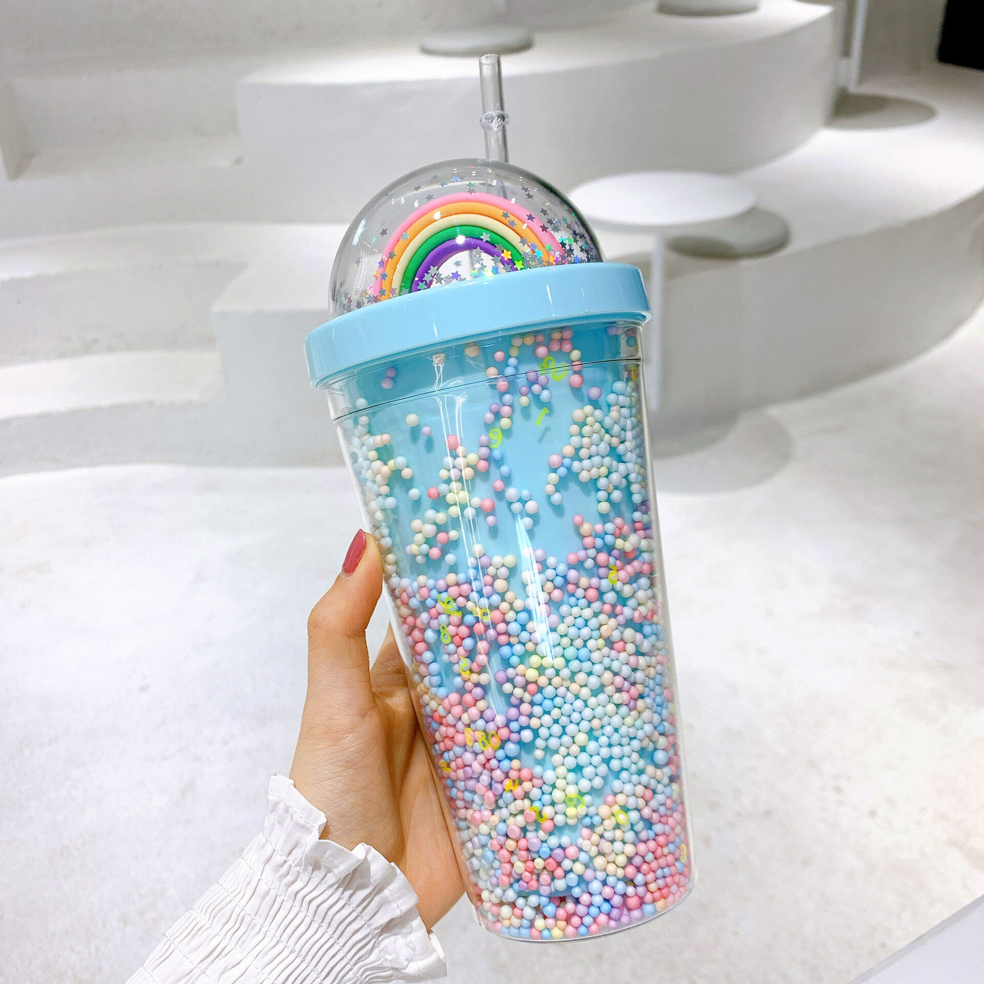 Rainbow Cup Double Layer Plastic Coffee Mug Tumbler with Straw Water Bottle Reusable 550ml