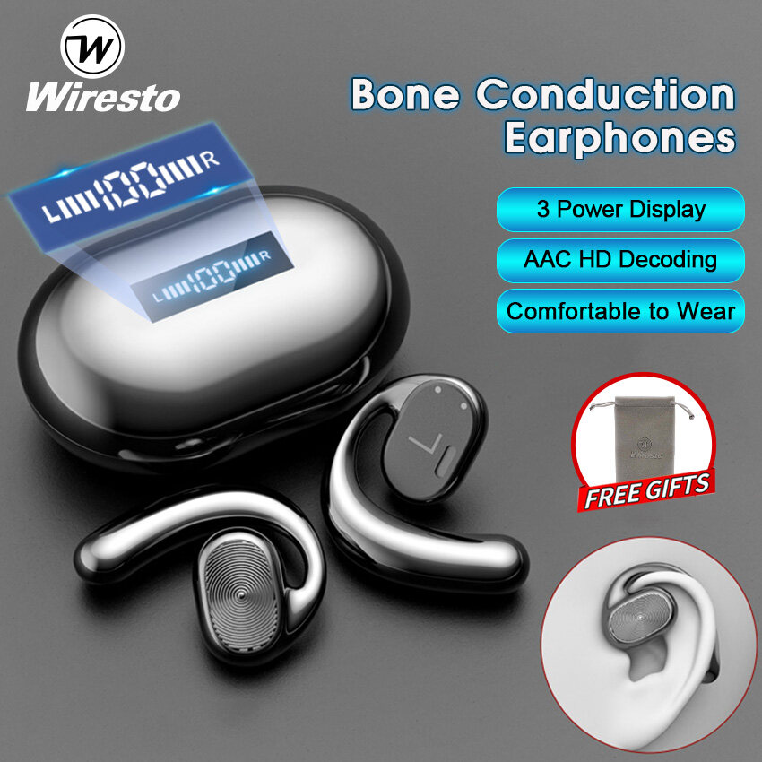 Wiresto TWS Bluetooth Earphone Bone Conduction Bluetooth Headset Ear hook Headphones LED Display 65ms Low Latency Gaming Earbuds Open Ear Wireless Headset HD Stereo Waterproof Sweat-proof