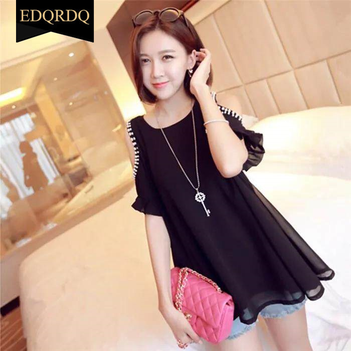 EDQRDQ Off Shoulder Plus Size Loose Tops for Women Ruffle Trim Short Sleeve Blouse Casual Chiffon Shirt