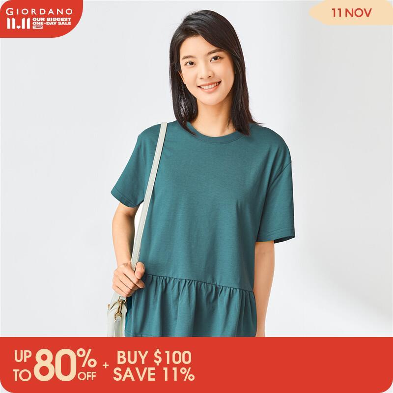 GIORDANO Women T-Shirts Drop Shoulder Ruffle Hem 100% Cotton Casual T-Shirts Loose Summer Simple Short Sleeve Basic Tee 13322212