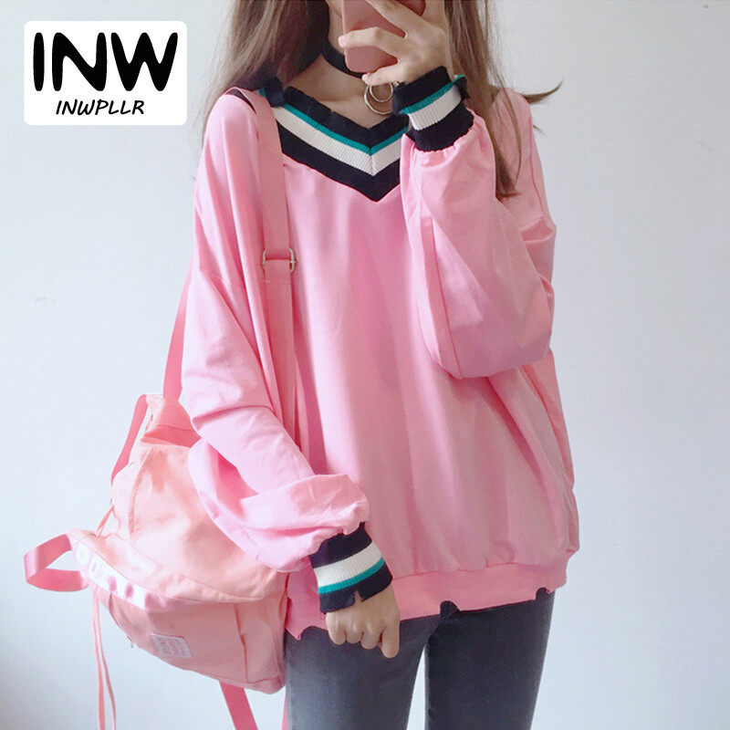 INWPLLR New Korean Women's T-shirts Striped Patchwork Tshirts Autumn Long Sleeve V-Neck Tops Lady Casual Plain T-Shirts For Women