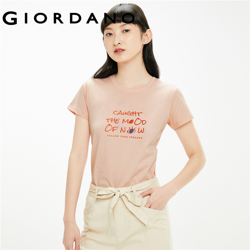 GIORDANO Women T-Shirts Fashion Printed Smile Face Cotton T-Shirts Summer Short Sleeves Ribbed Crewneck Basic T-Shirts 13391010
