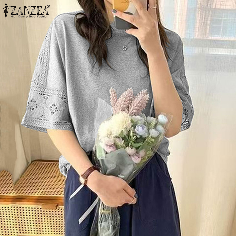ZANZEA Korean Style Women Lace Half Sleeve T Shirts Casual Plain Loose O Neck Tops Blouse