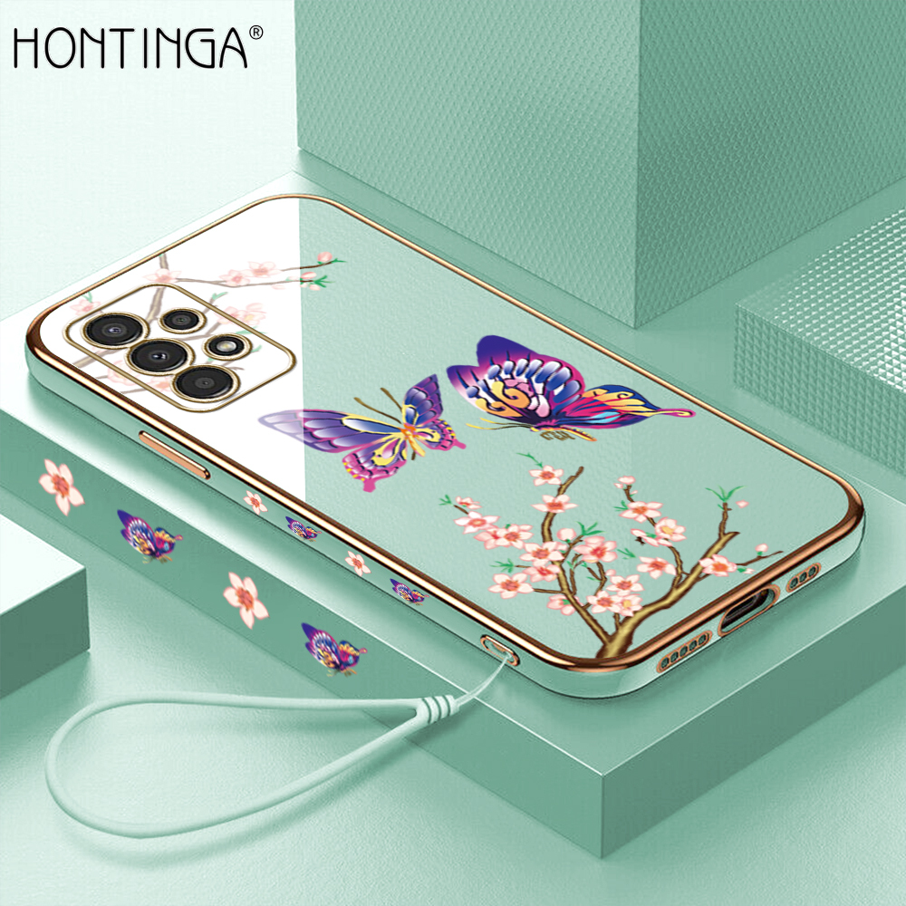 Hontinga Casing Case For Samsung Galaxy A13 Case Fashion Colorful Butterfly Luxury Chrome Plated Soft TPU Square Phone Case Full Cover Camera Protection Anti Gores Rubber Cases For Girls