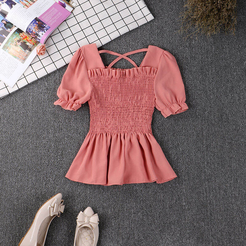 Wooden Ear Ruffle Skirt Swing Top 2019 Spring and Summer New Square Collar Puff Sleeve Waist Hugging Slimming Chiffon Shirt Women's Short Sleeve