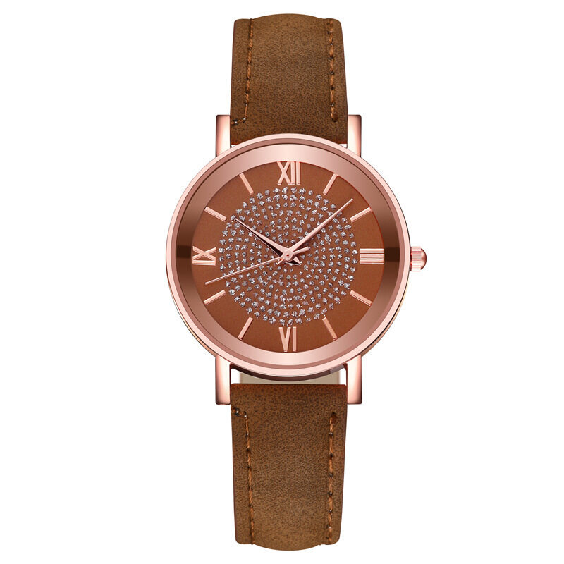 【♡Lovely girls house♡】Fashion Simple Rhinestone Round Quartz Wrist Watch with Stainless Steel Dial Leather Strap Watches for Women Luxury Jewelry Gifts