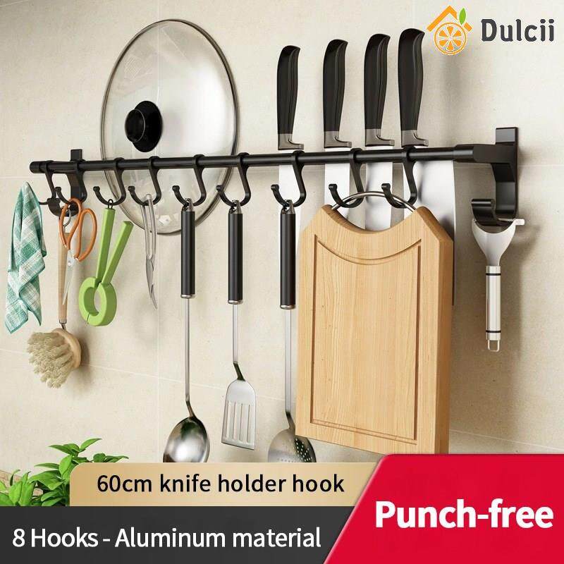 Dulcii 1PCS No Drilling Space Aluminium Kitchen Hooks Rack Multifunction Wall Mount Kitchen Shelf Utensil Holder With Hooks Mug Storage Kitchen Tools Holder Wall Mounted Kitchen Organizer