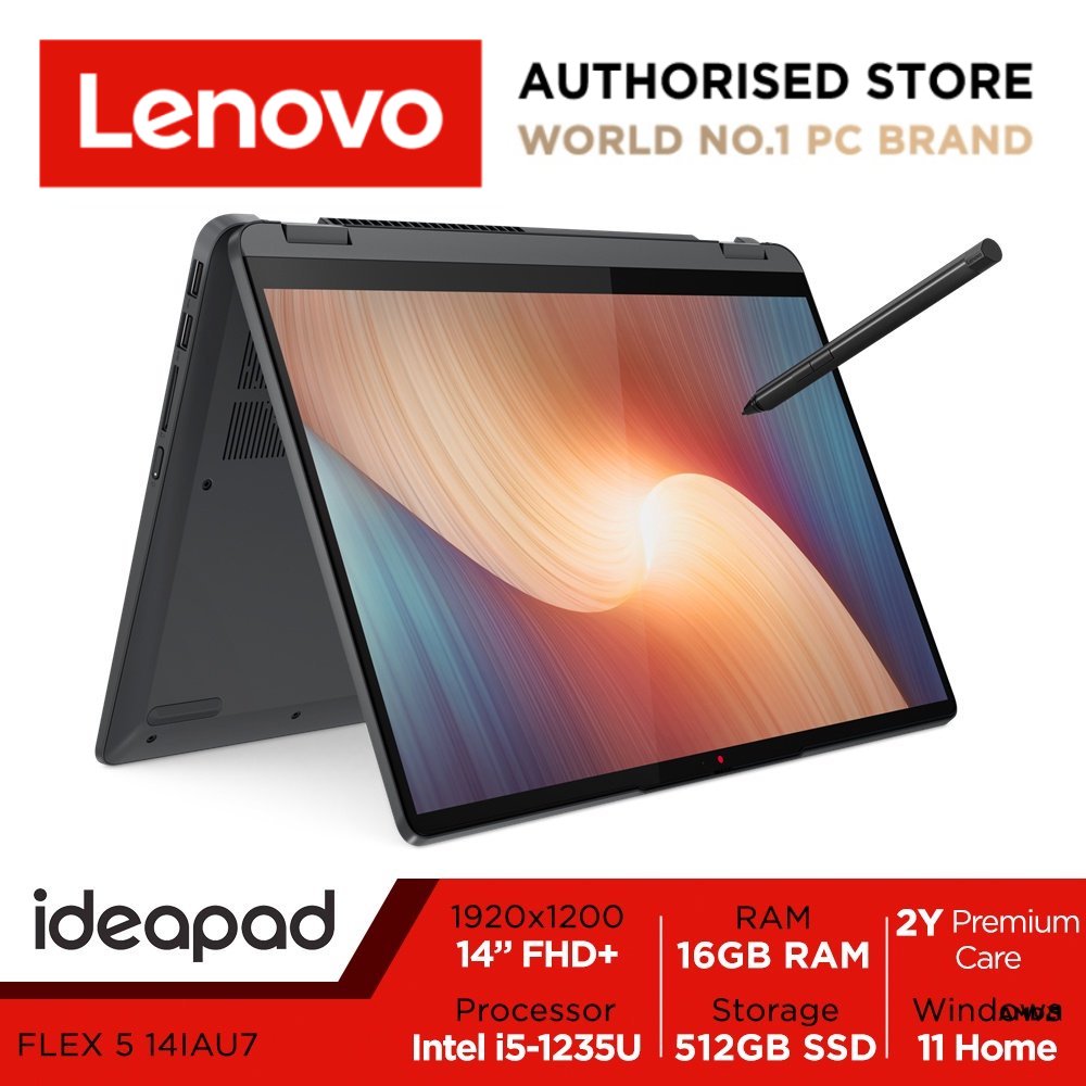 Lenovo IdeaPad Flex 5 14IAU7 | 82R7002JSB | 14inch FHD+ (1920x1200) Touch | Intel Core i5-1235U | 16GB LPDDR4x-4266 | 512GB SSD | Win 11 Home | 2Y Premium Care