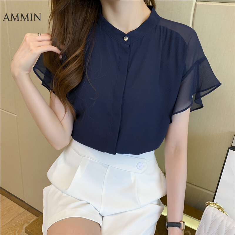 AMMIN Tops 2021 new stand-up collar short-sleeved elegant temperament fashion simple chiffon shirt female personality design sense bat sleeve all-match single-breasted blouse