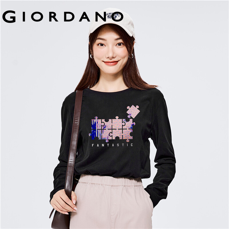 GIORDANO Women Huangshouyi Series T-Shirts Print Graphic Crewneck Simple Tee 100% Cotton Long Sleeve Casaul T-Shirts 99392152