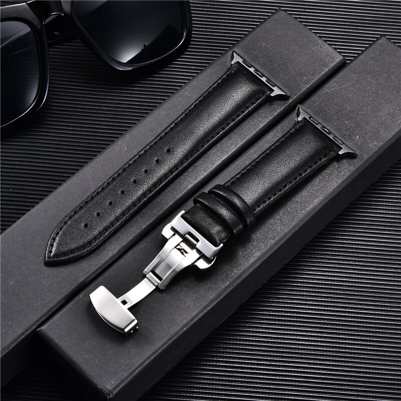 Leather Strap For Apple Watch Band Ultra 49mm 45mm 41mm 44mm 40mm 42mm Nylon Butterfly Buckle Watchband Belt For iWatch 8 7 6 5 4 SE 3