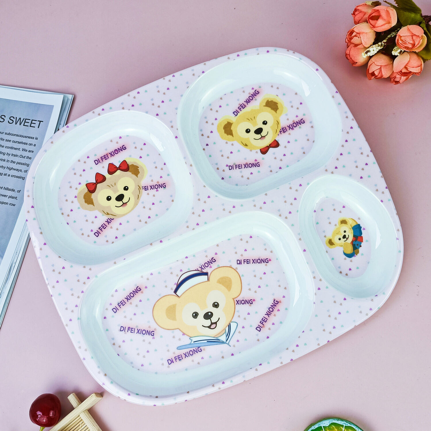 Children's Plate Cartoon Cute Baby Compartment Household Shatter-resistant Hello Kitty Plate Spoon Infant Food Supplement Learn to Eat
