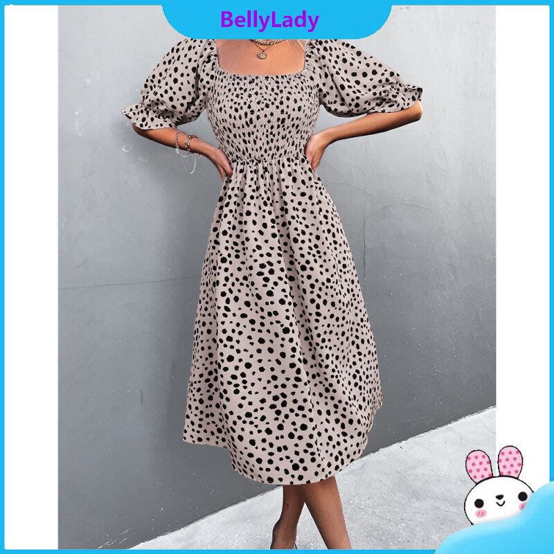 Women Retro Square Collar Dress Polka Dot Printing Puff Sleeve A-line Skirt High Waist Half Sleeves Dress