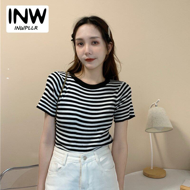 INWPLLR Fashion Trends Knitting T-shirts Ladies Lazy Style Multi Colors Stripe Tops Woman Casual Summer Tshirt