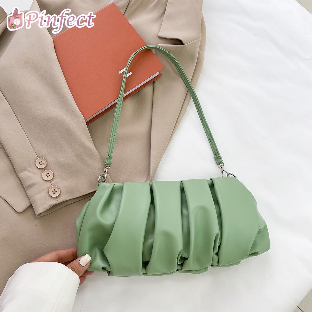 [Pinfect] Fashion Vintage Elegant PU Leather Underarm Shoulder Bag Women Pastel Color Pleated Cloud Bag Dumpling Bags Slouchy Clutch Pouch Handbag