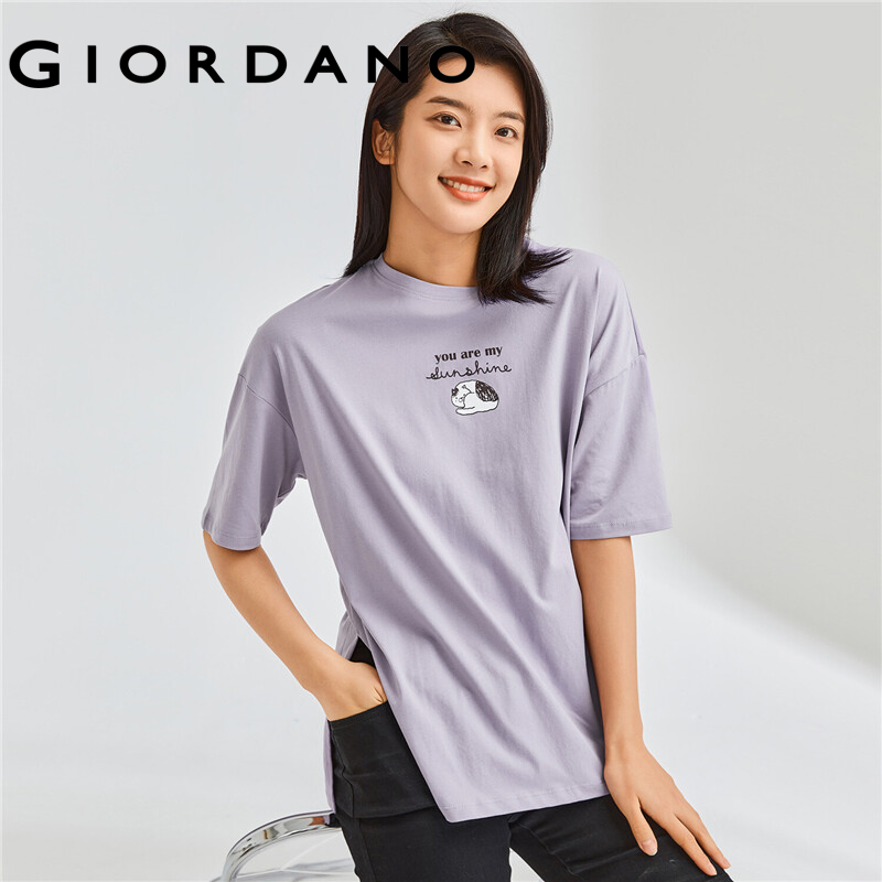 GIORDANO Women T-Shirts Cat Print 100% Cotton Casual Long T-Shirts Drop Shoulder Short Sleeve Summer Relaxed T-Shirts 05392385